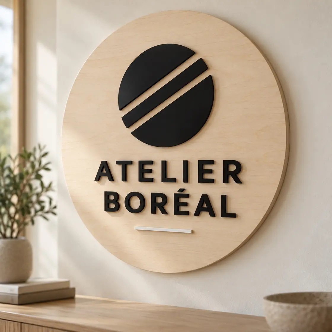 Enseigne murale ronde Atelier Boréal en bois clair avec logo noir en relief