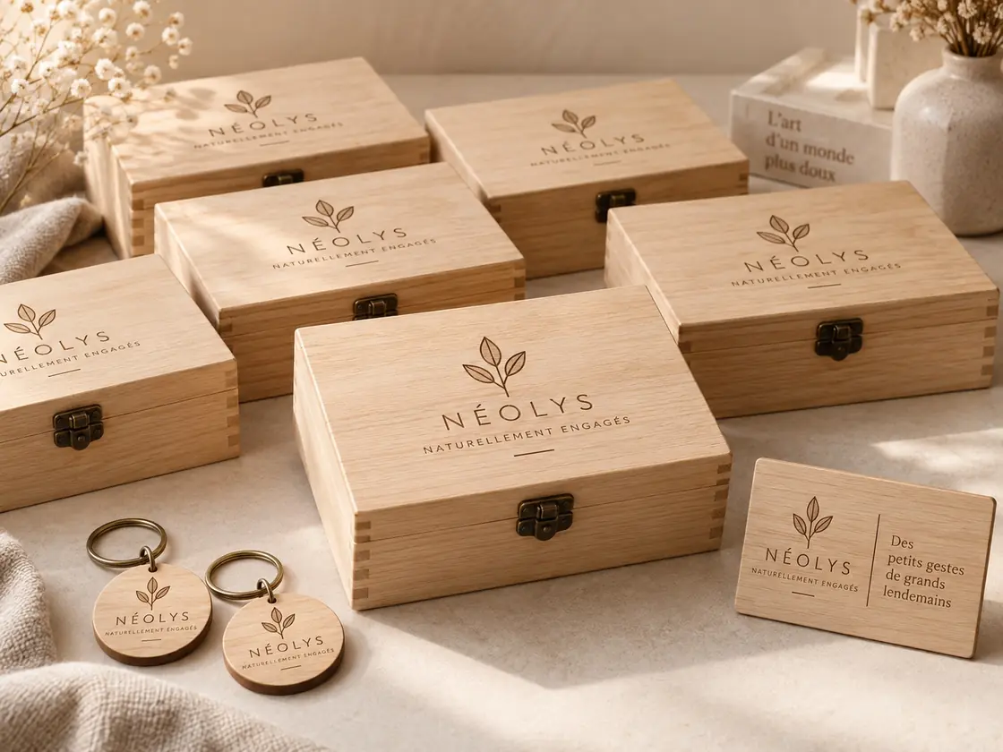 Ensemble Néolys de boîtes, porte-clés et objets en bois personnalisés avec une identité de marque