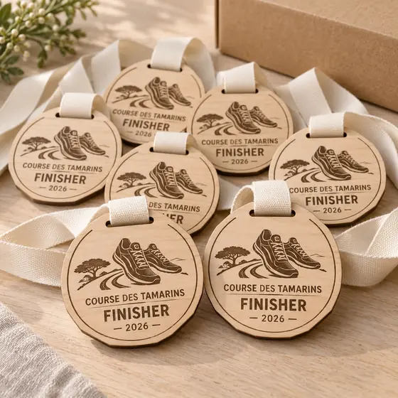 Série de médailles en bois Course des Tamarins Finisher 2026 avec rubans unis