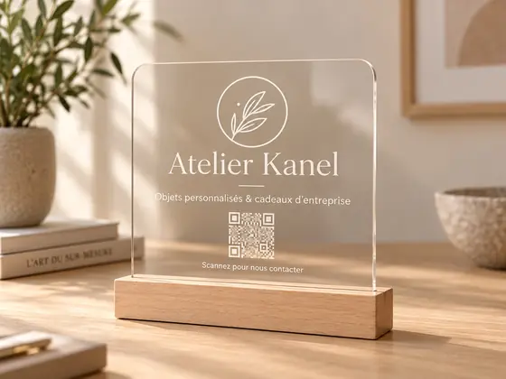 Plaque professionnelle Atelier Kanel en plexiglas transparent avec QR code et socle en bois