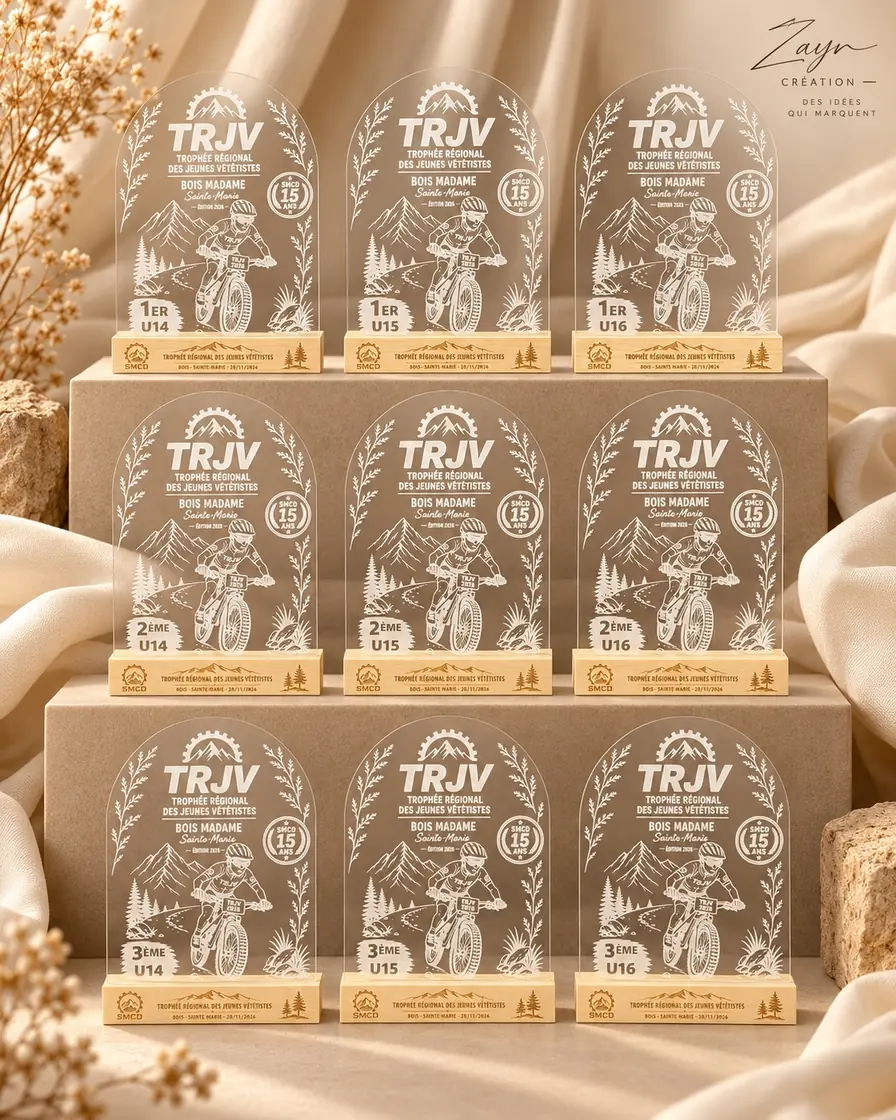 Série de neuf trophées TRJV en plexiglas transparent personnalisés par catégorie