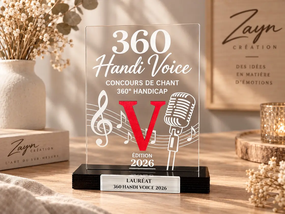 Trophée personnalisé 360 Handi Voice en plexiglas transparent