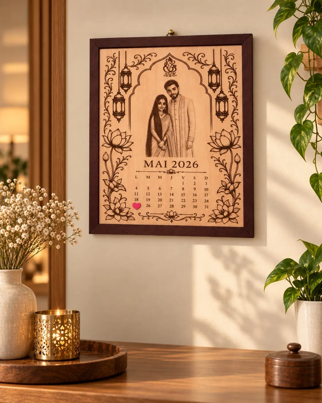 Calendrier de mariage personnalisé Mai 2026 avec portrait gravé du couple